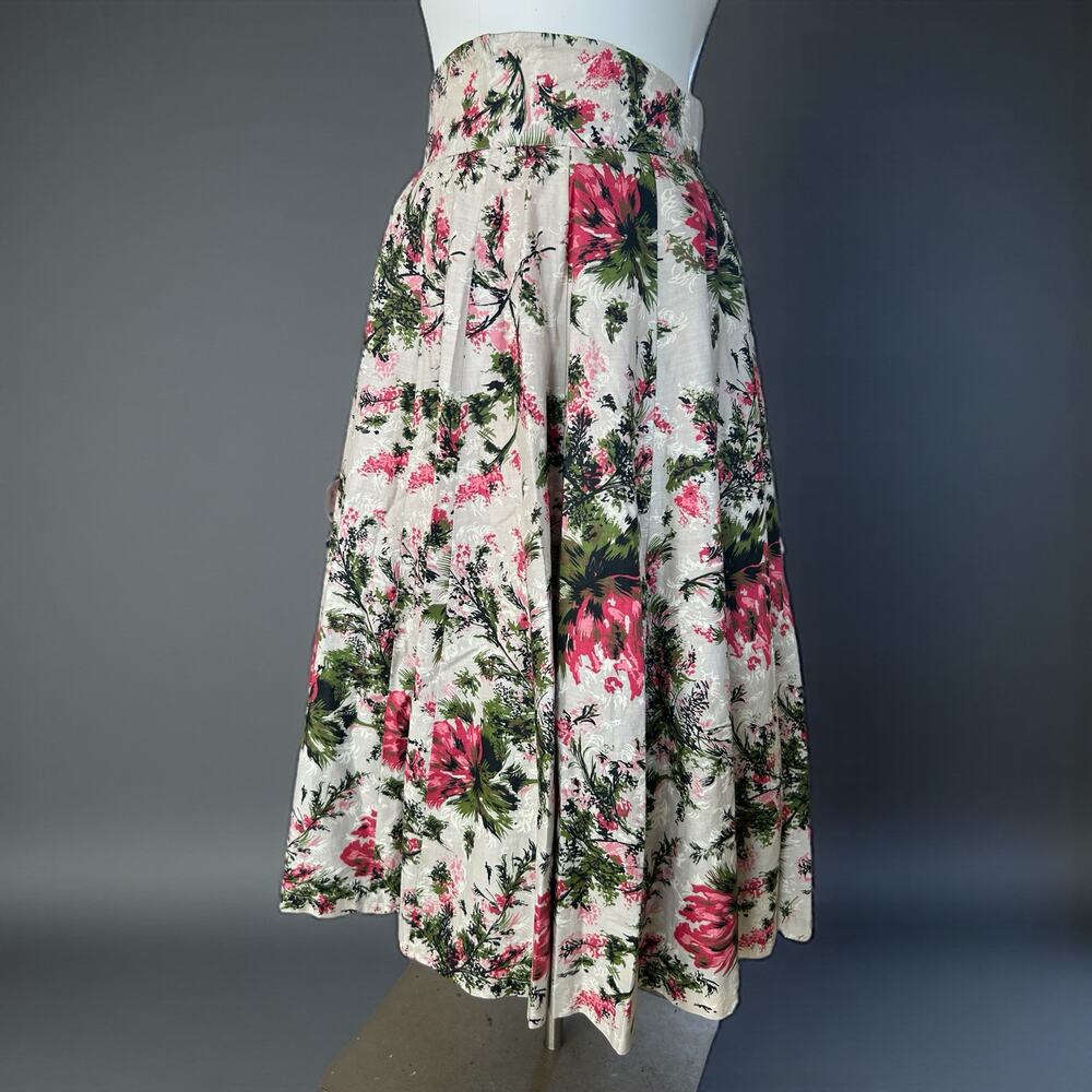 A-Line Floral Midi Skirt in Pink & Green